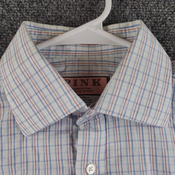 Thomas Pink Long Sleeve Button Up Cotton Red White Blue Check 15.5 34 Men French - Picture 1 of 15
